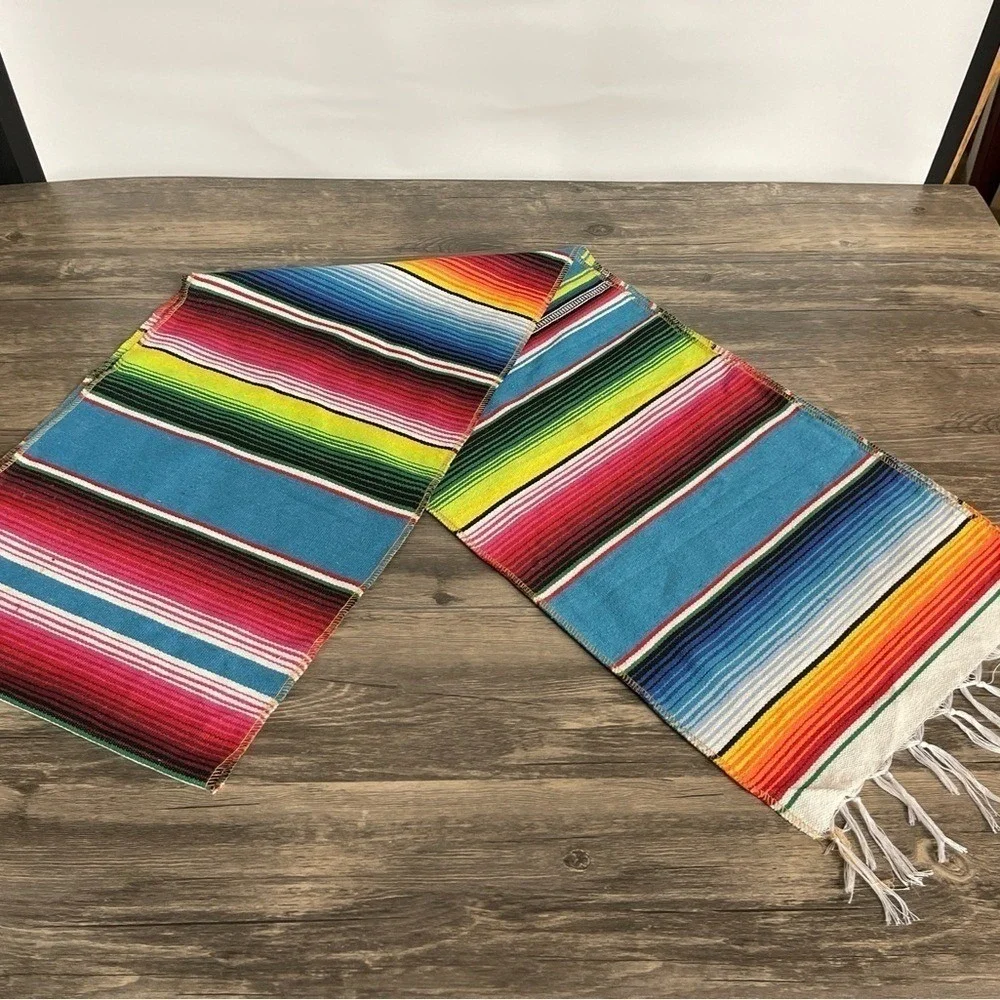 Mexican Serape Table Runner Rainbow Striped Woven Southwest Decor Fringe 100x14